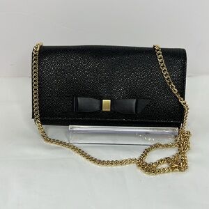 Ted Baker London Alaine Black & Gold Leather Clutch or Crossbody w/ Bow Detail